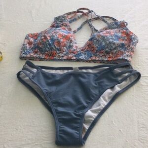 Floral Bikini Set with Blue Bottoms size M top size S bottom NW0T #211